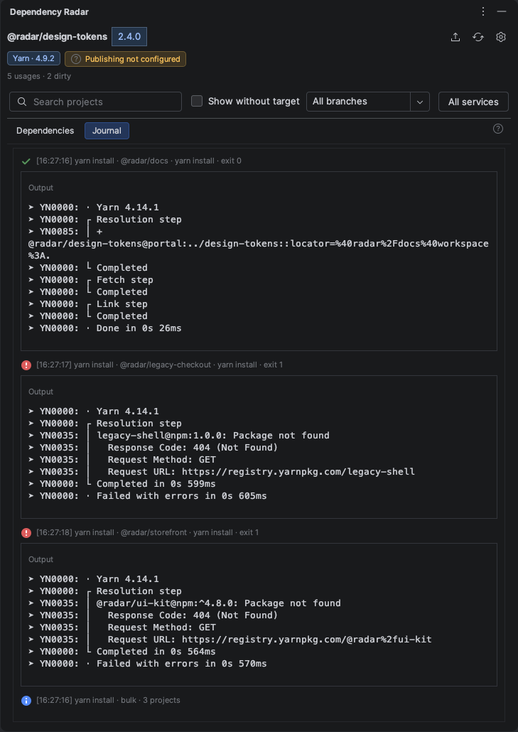 Journal Dependency Radar с результатами yarn install для трех проектов