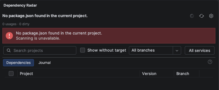 Dependency Radar сообщает, что в текущем проекте не найден package.json